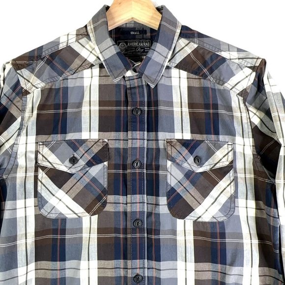 American Rag Mens Shirt Small Button Up Long Sleeves Blue Red Brown Plaid EUC - Picture 1 of 8